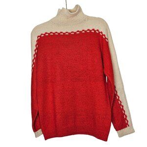 Vintage Red & Cream Handmade Acrylic Knit Sweater With Turtleneck Long Sleeves M